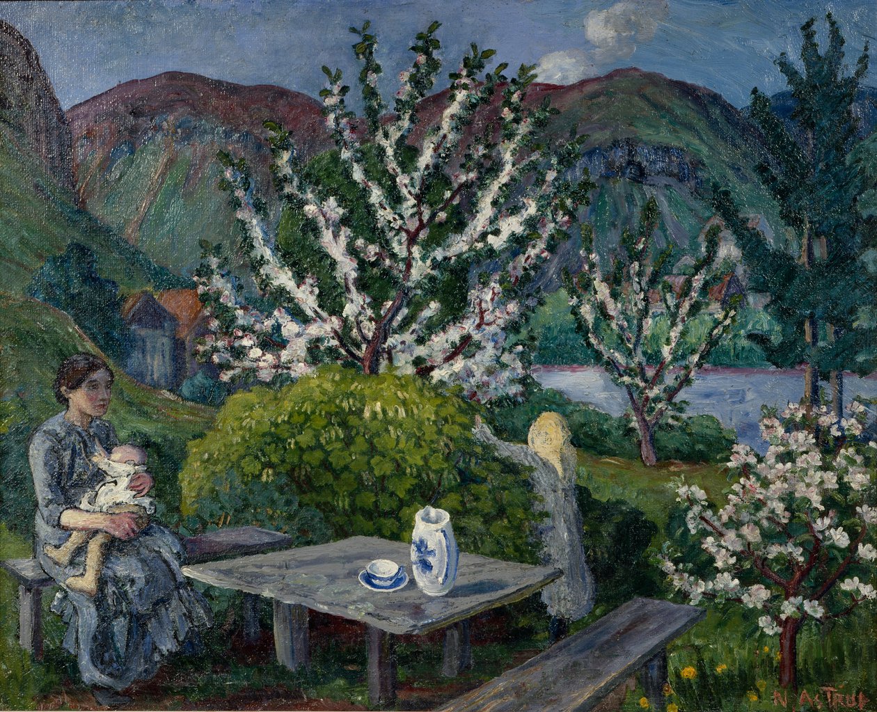 Bahçe Masasında Anne ve Çocuk (tuval üzerine yağlı boya) by Nikolai Astrup