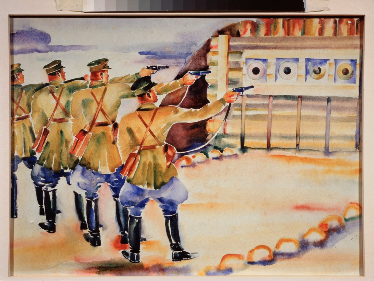 Atış eğitim yeri (Bir sıra asker hedefler üzerinde eğitim alır) - Hedef uygulama yeri - Nikolai Dmitrievich Prokhorov'un (1896-1942) çalışması, kağıt üzerine suluboya, 1930 civarı - Rus sanatı, 20. yüzyıl, sovyet sanatı - Bölgesel Sanat Mu by Nikolai Dmitrievich Prokhorov