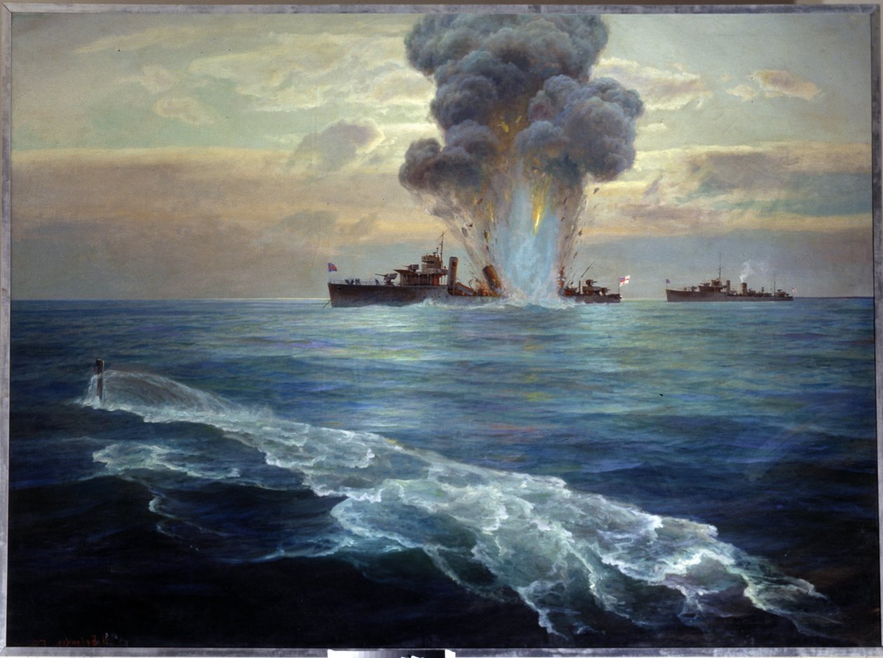 Rus İç Savaşı: İngiliz destroyeri Victoria, Bolşevik denizaltısı Pantera tarafından Seskar adası açıklarında (Finlandiya Körfezi) torpidolandı, 1 Eylül 1919 (İngiliz muhrip Vittoria, I. açıklarında bolşevik denizaltı Pantera tarafından torpidolandı) by Nikolai Evlampievich Bublikov