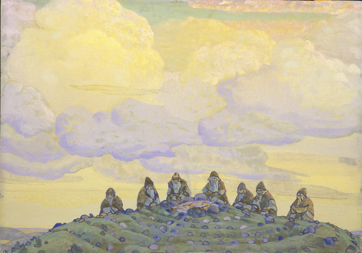 Büyük Kurban. Bale için sahne tasarımı Bahar Ayini Le Sacre du Printemps, I. Stravinsky, 1910 by Nikolai Konstantinowitsch Roerich