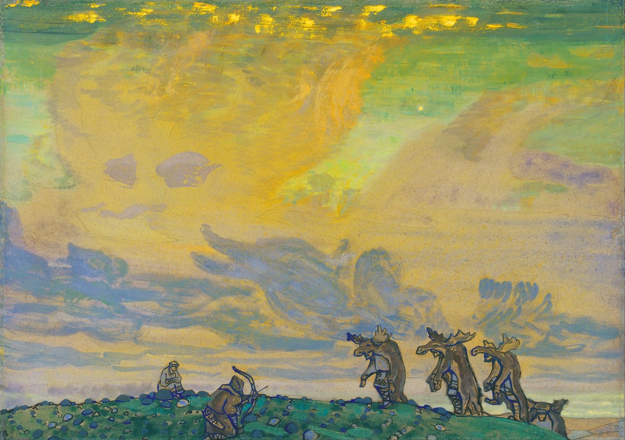 Büyük Kurban. Bale için sahne tasarımı Bahar Ayini Le Sacre du Printemps, I. Stravinsky, 1910 by Nikolai Konstantinowitsch Roerich