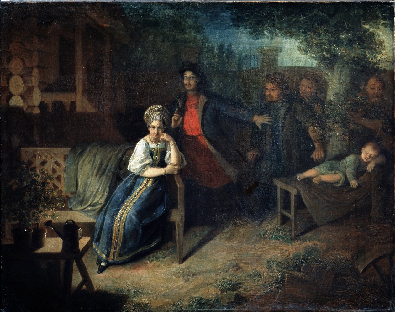 Soyguncu Yegor Bashlyk, tüccarın karısı Grunya'yı kaçırır. Nikolai Mihayloviç Alexeyev'in (1813-1880) tablosu. Tuval üzerine yağlı boya, 77.7 x 99.2 cm by Nikolai Mikhailovich Alexeyev