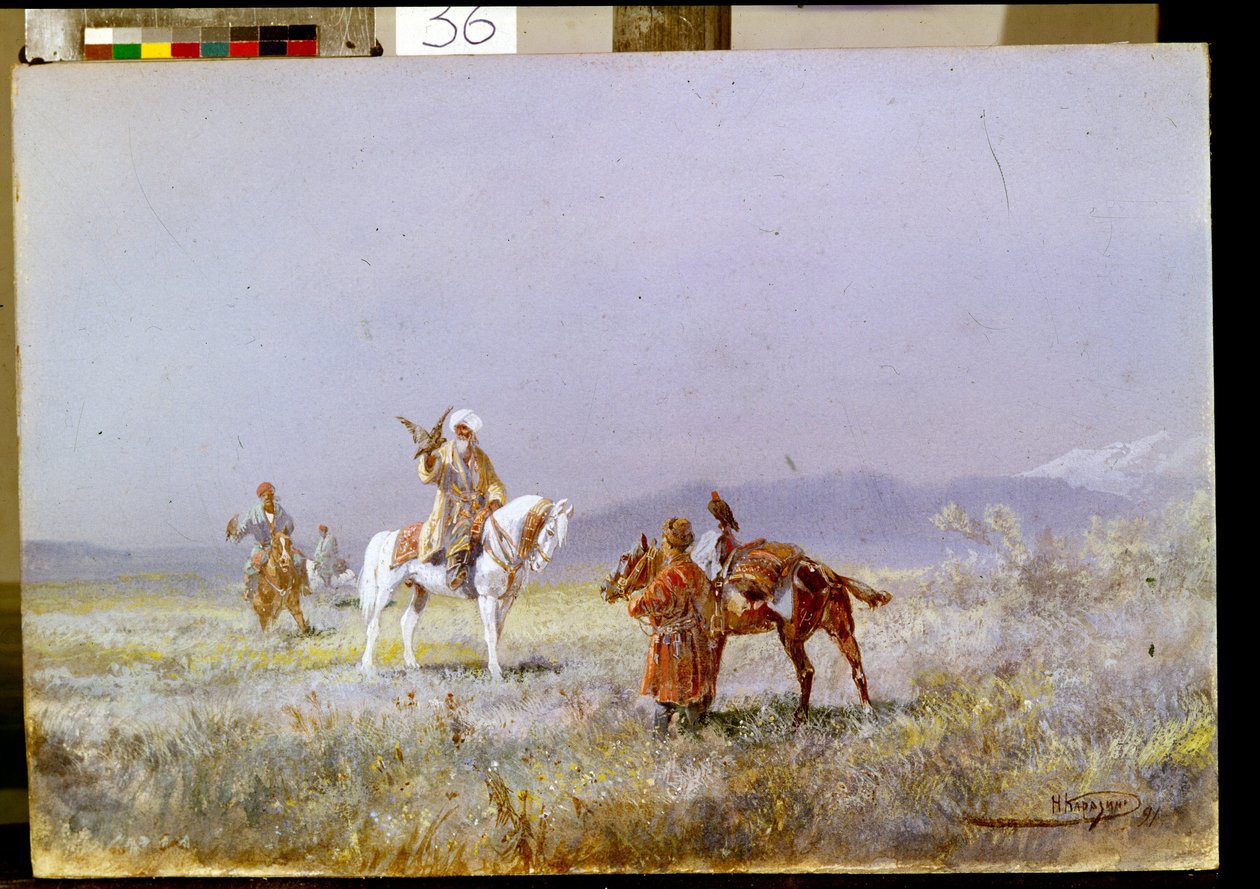 Falconry (Falconry). Orta Asyalı biniciler bozkırlarda avlanmak için şahinleri eğitir. Nikolai Nikolayevich Karasin