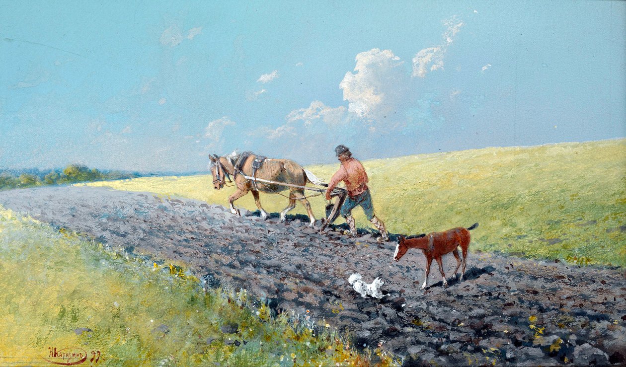 ""çiftçilik"" Tarlasını süren köylü, Rusya Resim Nikolai Nikolayevich Karasin (1842-1908) 1899 Soluk 16.5x27.5 cm Özel koleksiyon by Nikolai Nikolayevich Karasin