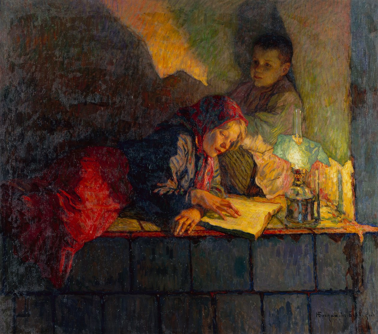 Mum Işığında Okuyan Çocuklar (tuval üzerine yağlı boya) by Nikolai Petrovich Bogdanov Belsky