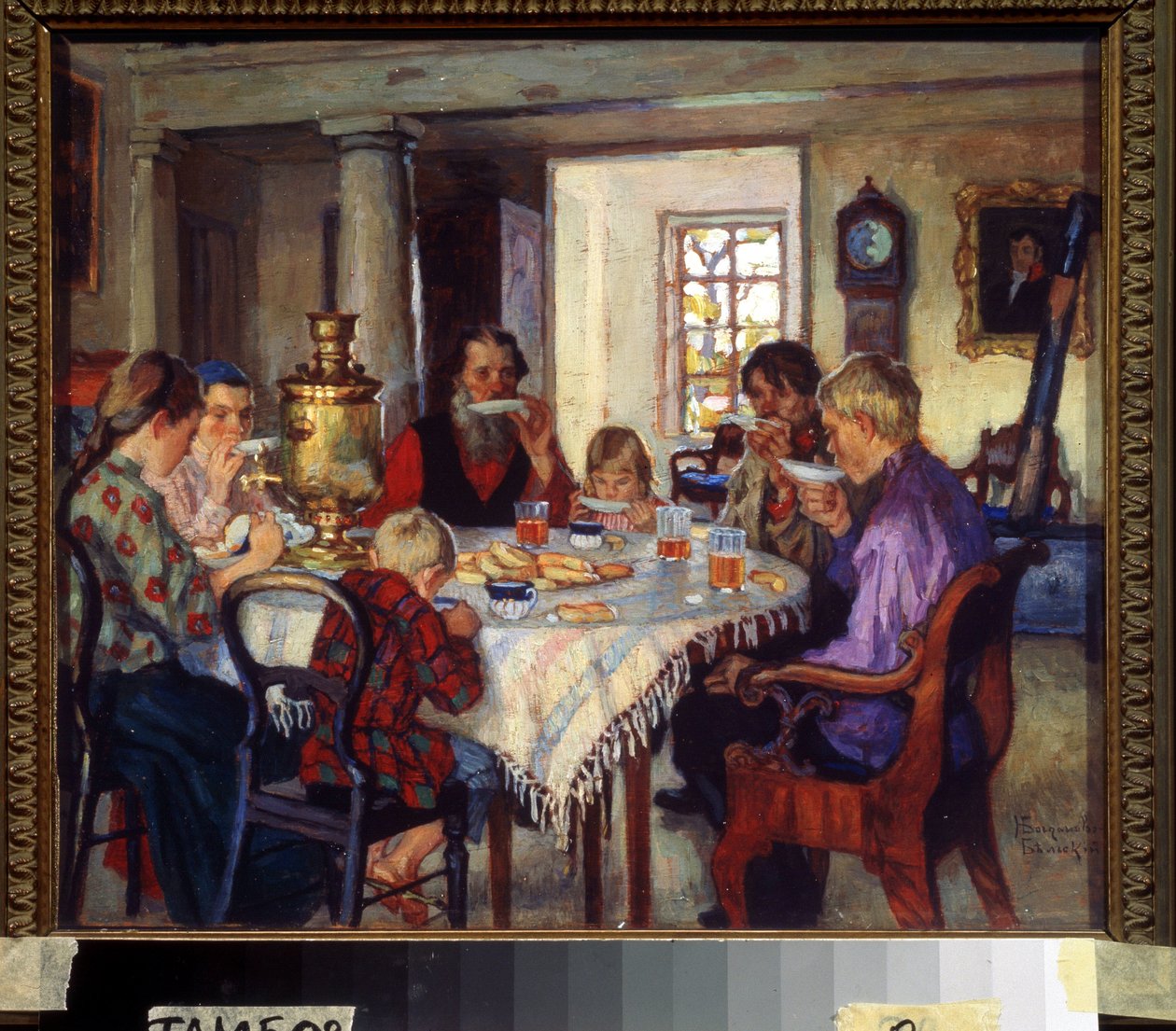 Yeni ev sahipleri, yeni evlerinde masada çay içen büyük aile, 20. yüzyıla yalvarıyor (tahta üzerine yağ) by Nikolai Petrovich Bogdanov Belsky