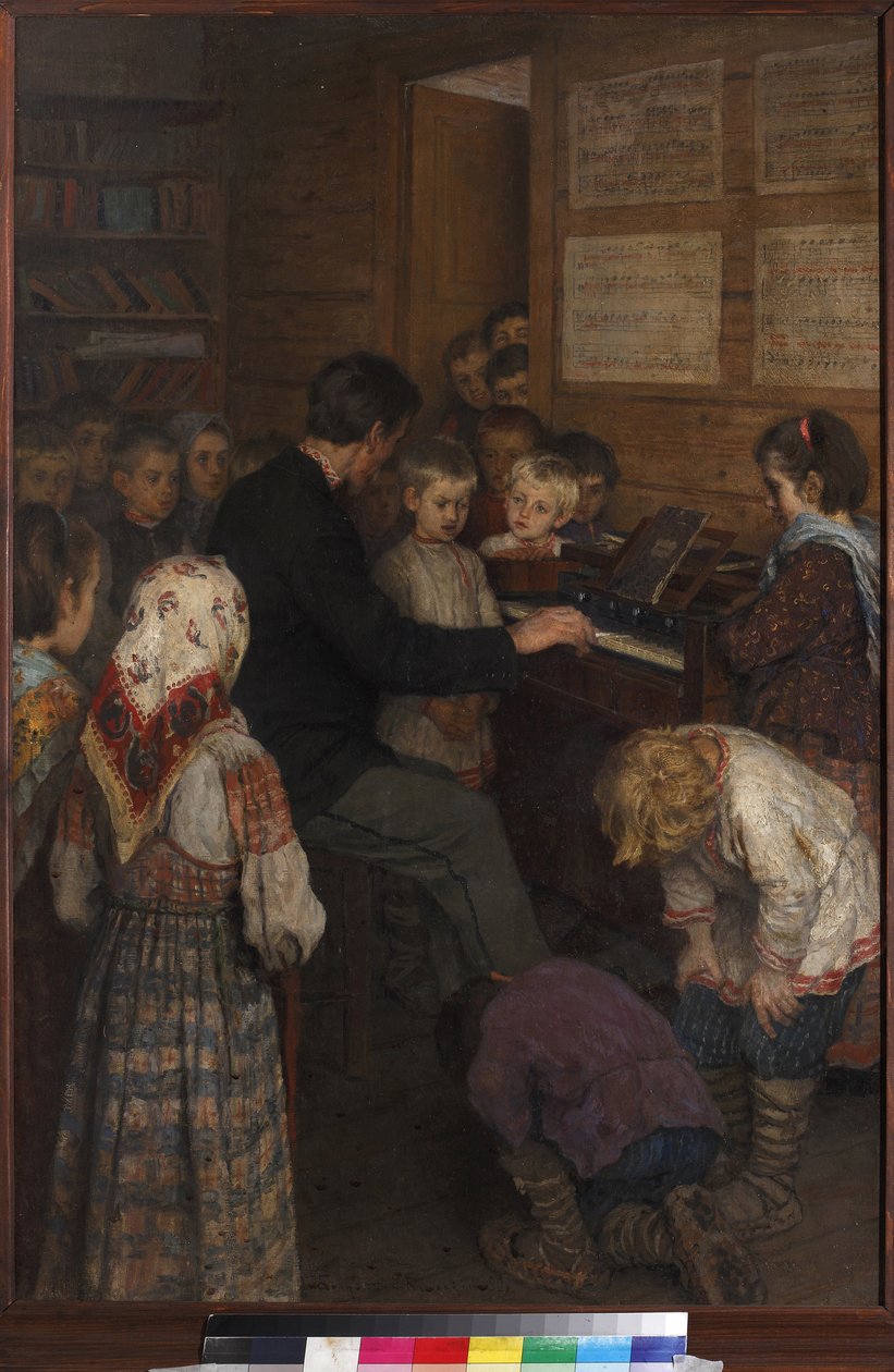 Bogdanov-Belsky, Nikolai Petrovich (1868-1945) tarafından köy okulunda şarkı söyleme dersi (öğretmen armoni çalıyor). tuval üzerine yağlıboya by Nikolai Petrovich Bogdanov Belsky