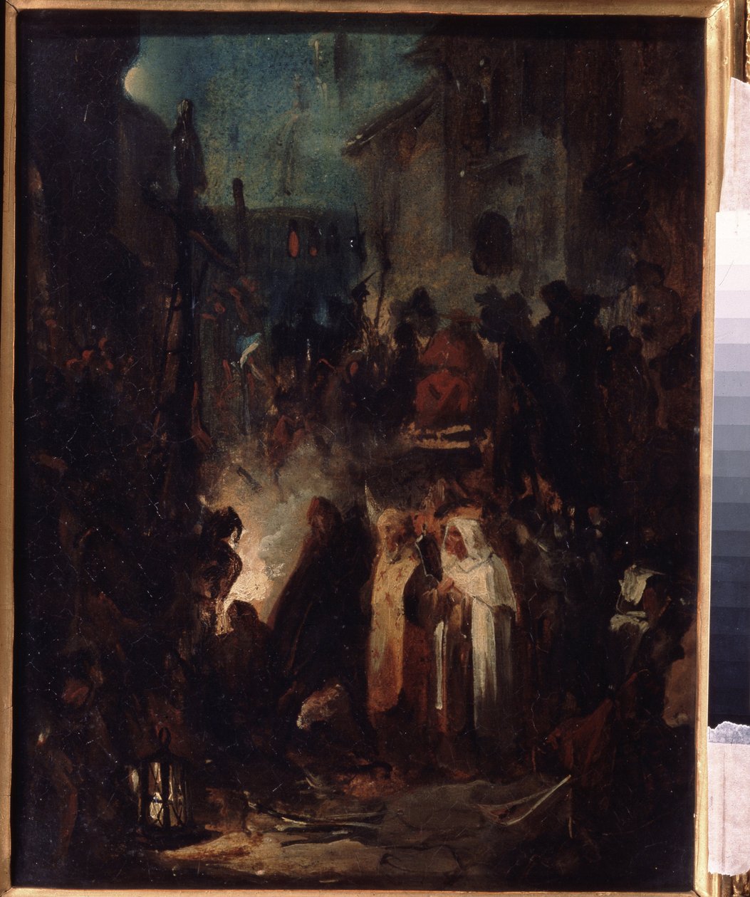 Autodafe (Autodafe). Sokak sahnesi, gece engizisyon mahkemesinin kararının ardından, kalabalık ve din adamları ateşin etrafında toplandı. Nikolai Petrovich Lomtev (1816-1859), karton üzerine yağlı boya çalışması. Rus sanatı by Nikolai Petrovich Lomtev