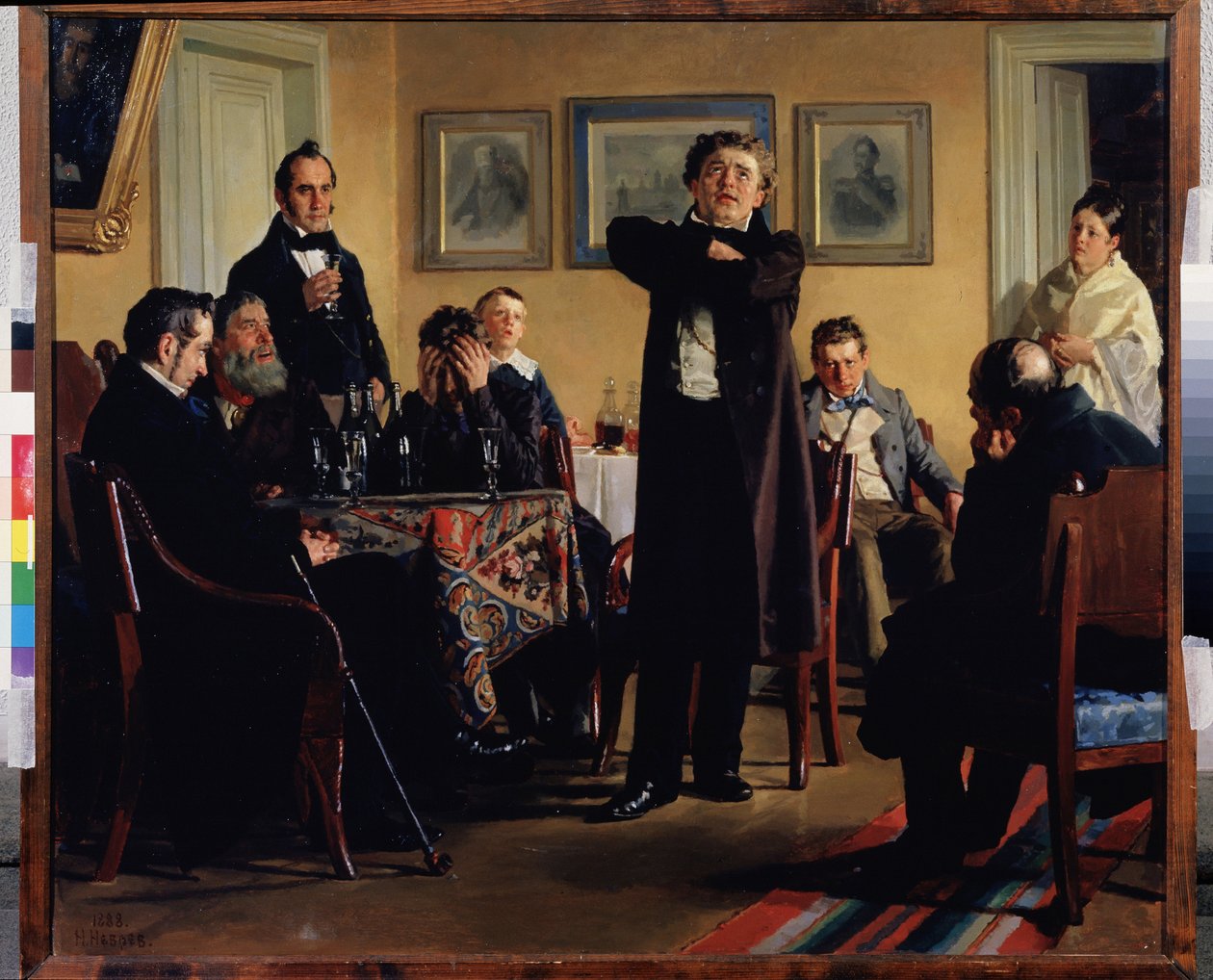 Aktör Pavel Mochalov (1808-1848) hayranlarını çevreliyor. (Oyuncu P. Mochalov hayranları arasında). Romantik Rusya