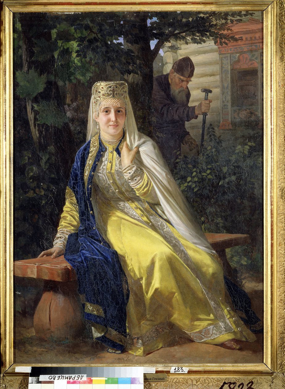 Vassilissa Melentieva (öldü 1579) ve Çar IV. Korkunç İvan (1530-1584) (Vasilisa Melentyevna ve Çar Korkunç İvan). Rusya Çarının altıncı karısı, kocası tarafından bir manastırda ömür boyu hapse mahkum edilmeden önce by Nikolai Vasilievich Nevrev