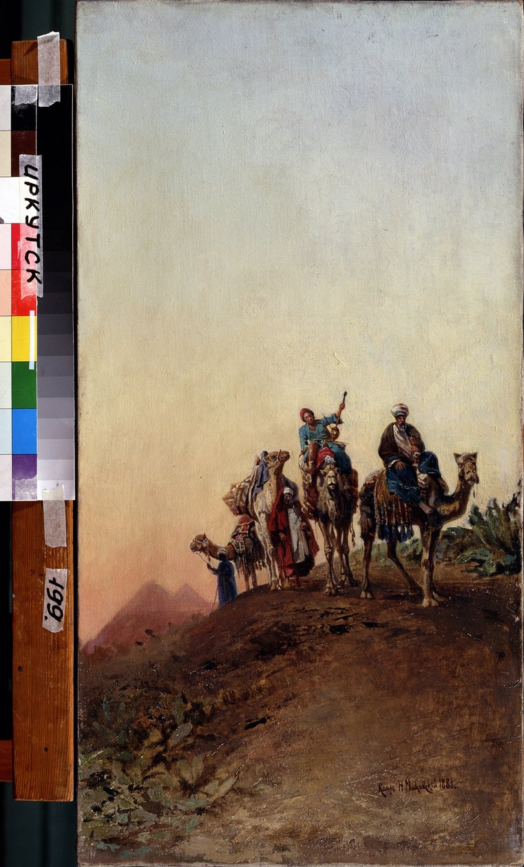 Giza piramitlerinin (Gize, Gize, Giza) (Kahire, Mısır) yakınındaki develer. (Piramitlerin Yakınındaki Develer). Nikolai Yegorovich Makovsky (1842-1886), tuval üzerine yağlı boya by Nikolai Yegorovich Makovsky