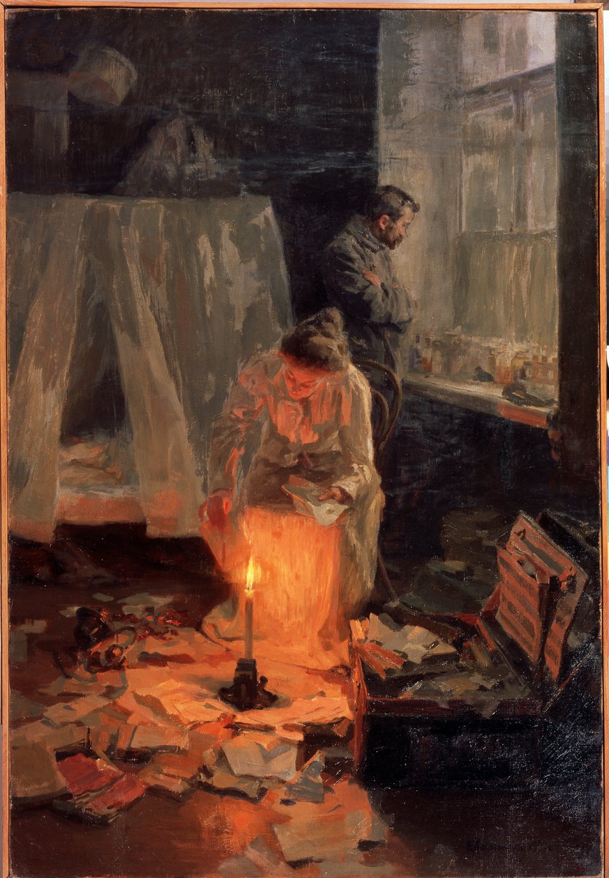 Çözülme. Dağınık bir iç mekanda, bir çift, kadın mum alevinde belgeleri yakar, adam ise pencerenin önünde dalgın bir şekilde durur. Nikolai Alexeyevich Kasatkin
