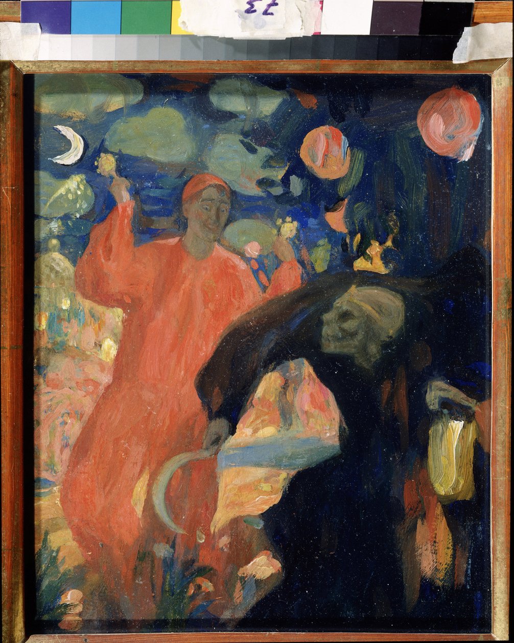 Nikolai Sapunov'un (Sapunov) (1880-1912) anısına (N. Sapunov'un anısına). Ölüm, marakas sallayarak gülümseyen bir yaşam figürünün önünde eğilir ve kaçar. Nicolas (Nikolai) Dimitrievich Millioti (1874-1962), kart üzerine yağlı boya çalışması by Nikolaj Nikolaevic Sapunov