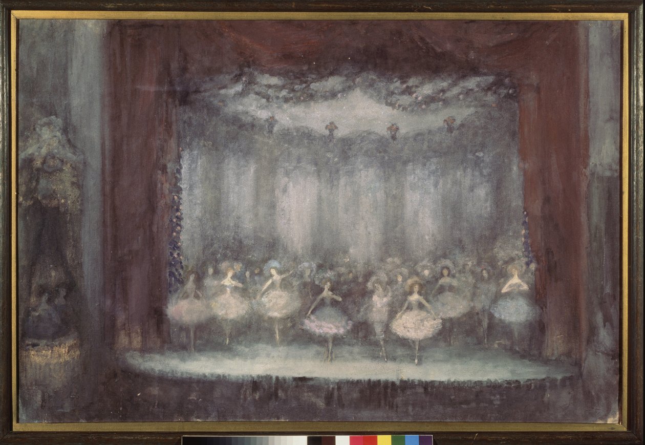 Bir bale. (Balerinlerin tutu içinde olduğu tiyatro sahnesi). Nikolai Nikolayevich Sapunov (Sapunov) (1880-1912), mukavva üzerine tempera, tebeşir, gümüş ve bronz by Nikolaj Nikolaevic Sapunov