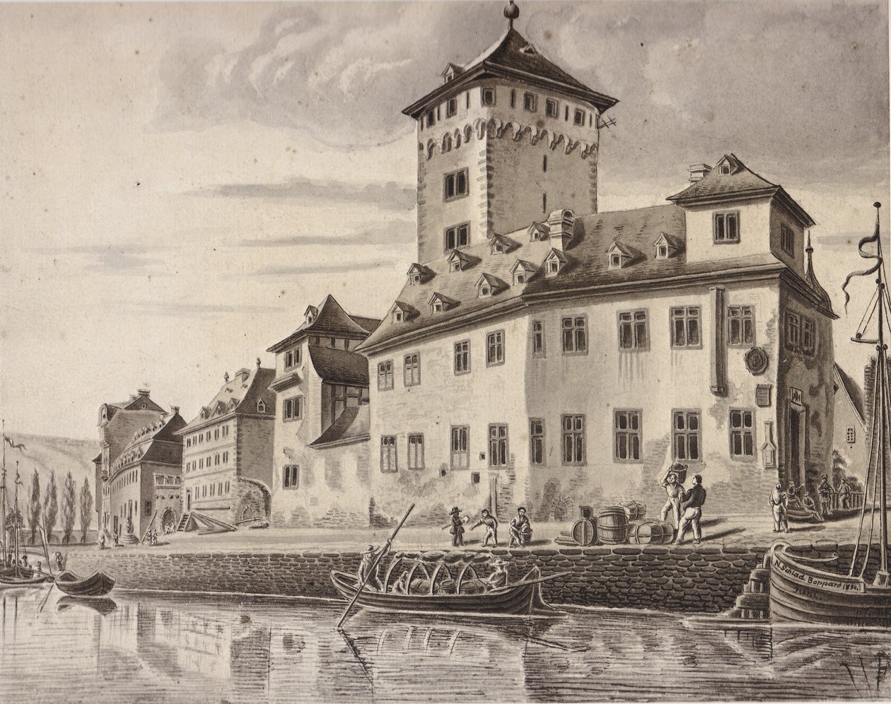 Kale - 1854 civarında Boppard seçim kalesinin Ren önü by Nikolaus Schlad