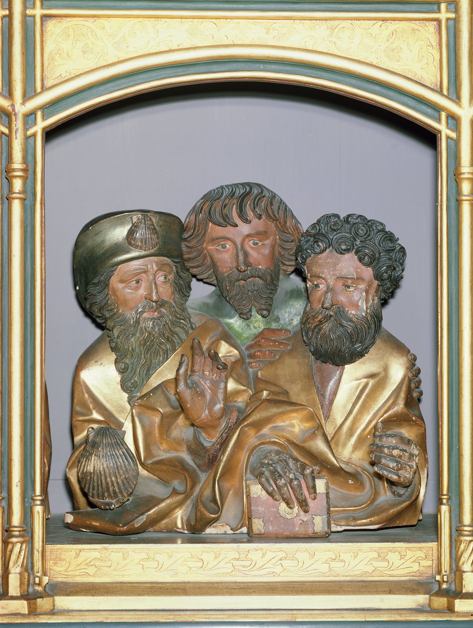 Isenheim Altarpiece predella'sından Aziz James Büyük, Aziz Simon ve Aziz Thaddeus'un ahşap oymaları, c.1490 (boyalı ahşap) by Nikolaus Hagenauer