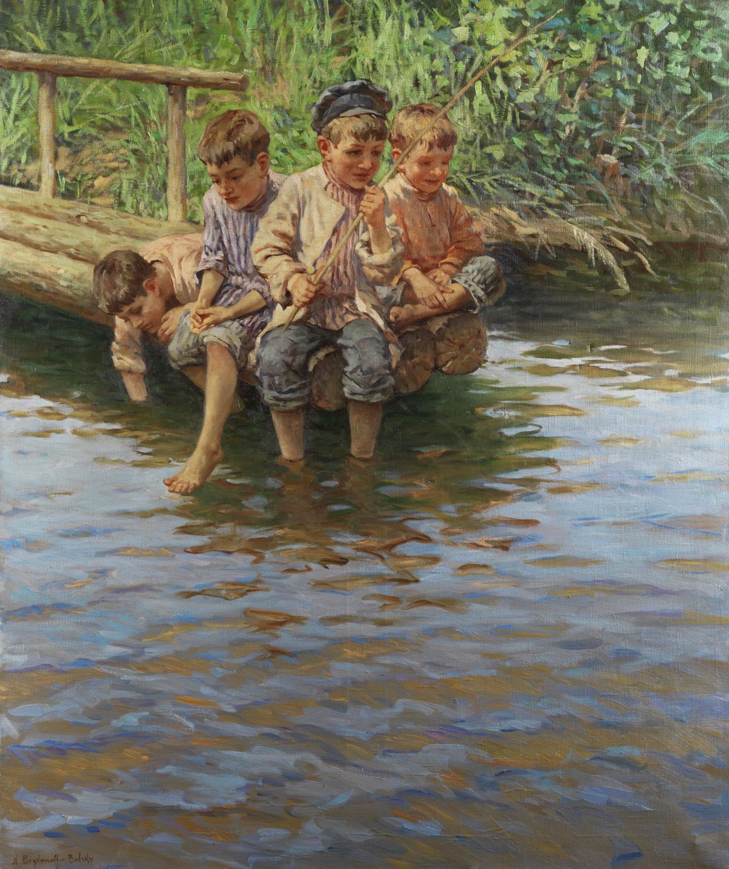 Balık tutarken banka iskelesinde dört erkek by Nikolay Bogdanov Belsky