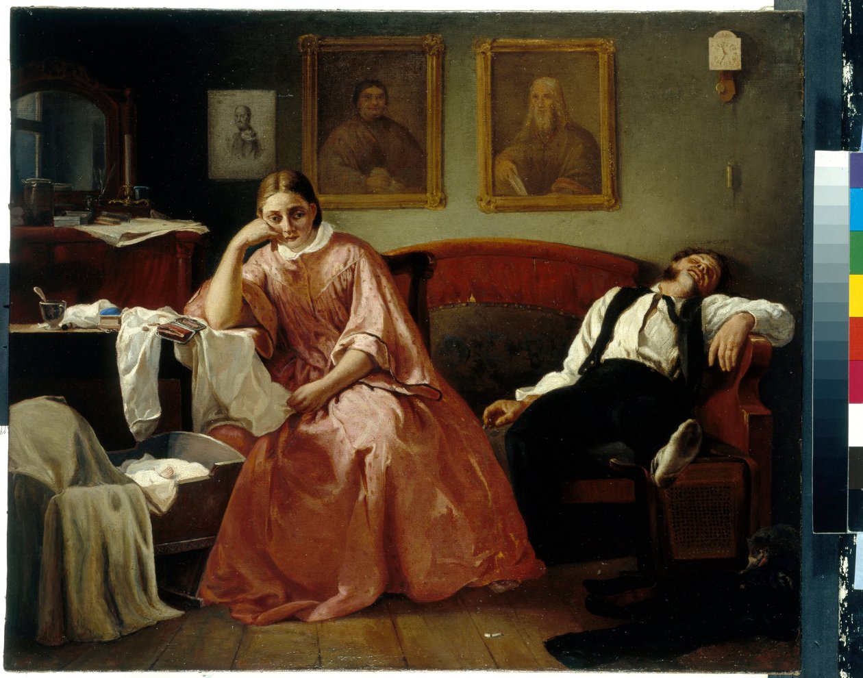 İlk ay (aile hayatından bir sahne, yorgun bir genç çift beşiklerinin yanında çürüyor) (Ayın ilk günü) - Resim Nikolai Andreyevich Koshelev (1840-1918), tuval üzerine yağlıboya (61.4x73 .6 cm) ) - Devlet Tretyakov Galerisi, Mosco by Nikolay Andreyevich Koshelev