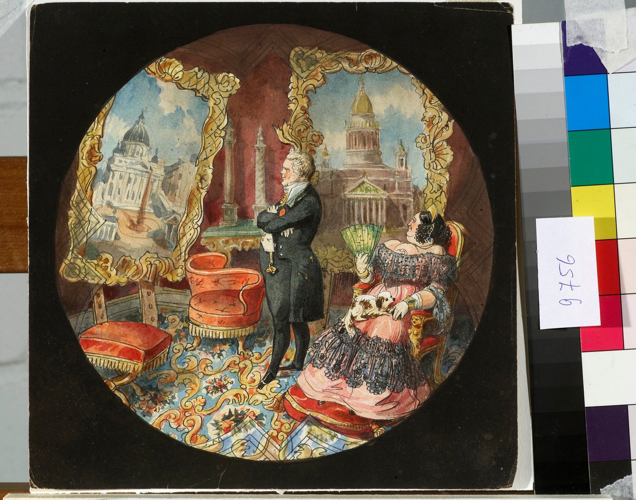 Mimar Auguste Ricard de Montferrand (1786-1858) ve karısı oturma odalarında, gururla bazı eserlerini temsil eden tabloları düşünürken - Nicolas Benois (1813-1898) tarafından çizim by Nikolay Benois