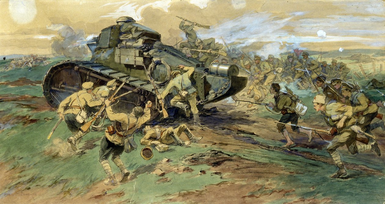 Kırım'da Bir Tankın Ele Geçirilmesi. Rus İç Savaşı sırasında (1917-1923), Beyaz Ordu ile Kızıl Muhafızların karşı karşıya geldiği savaş sahnesi. Nikolai Semyonovich Samokish'in (1860-1944) çalışması, kağıt üzerine suluboya by Nikolay Semenovich Samokish