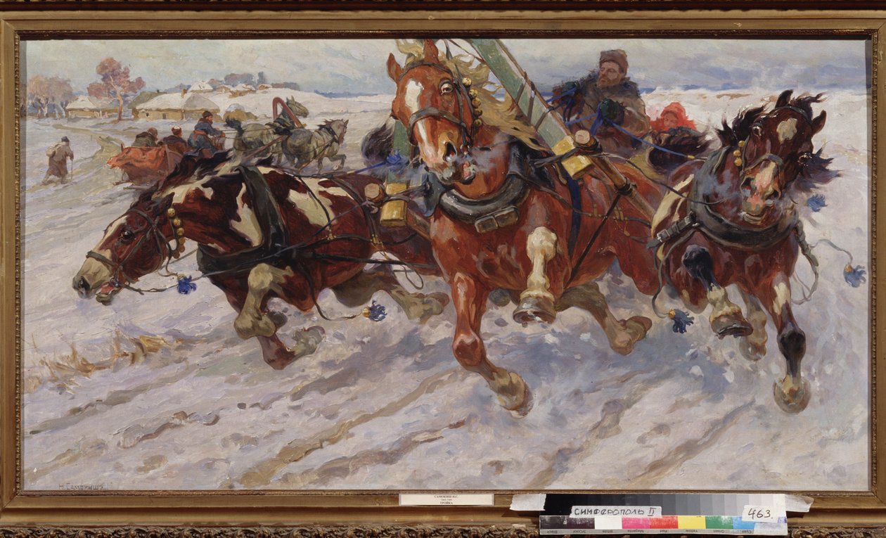 Troyka (üç atlı kızak). Nikolai Semyonovich Samokish (1860-1944), tuval üzerine yağlı boya tablosu by Nikolay Semenovich Samokish