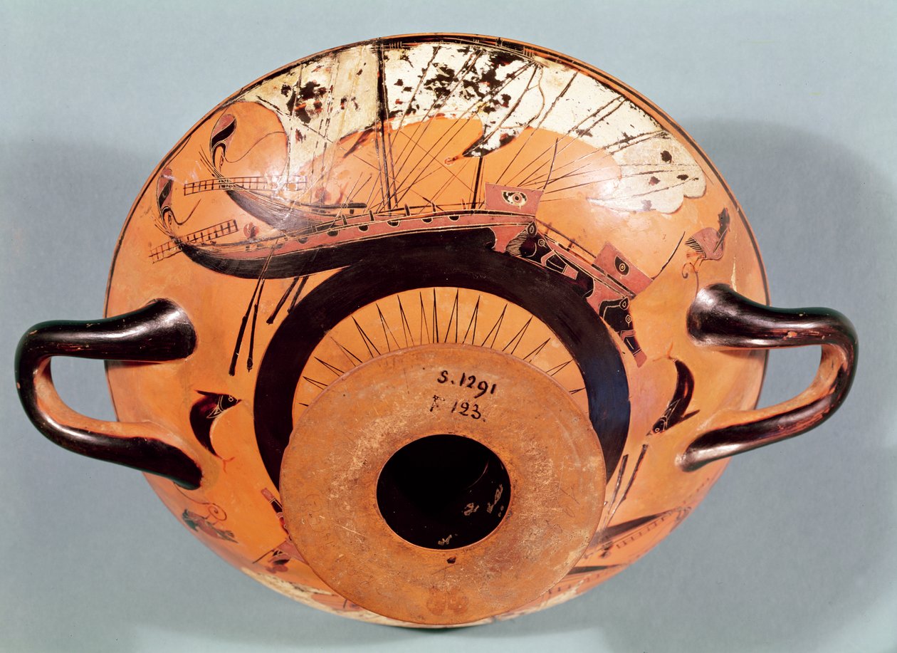 Yunan yelkenli gemilerini betimleyen tavan arası siyah figürlü fincan, yaklaşık MÖ 520 (çömlek) by Nikosthenes