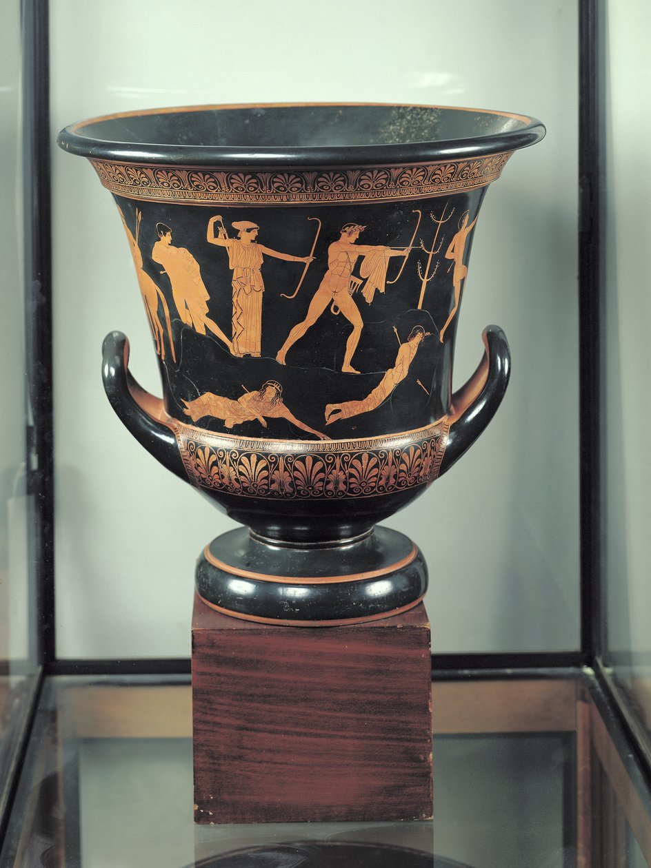 Niobidlerin ölümünü betimleyen tavan arası kırmızı figürlü kaliks-krater, MÖ 460-50 dolayları (çömlek) (ayrıca bkz. 92576-77) by Niobid Painter