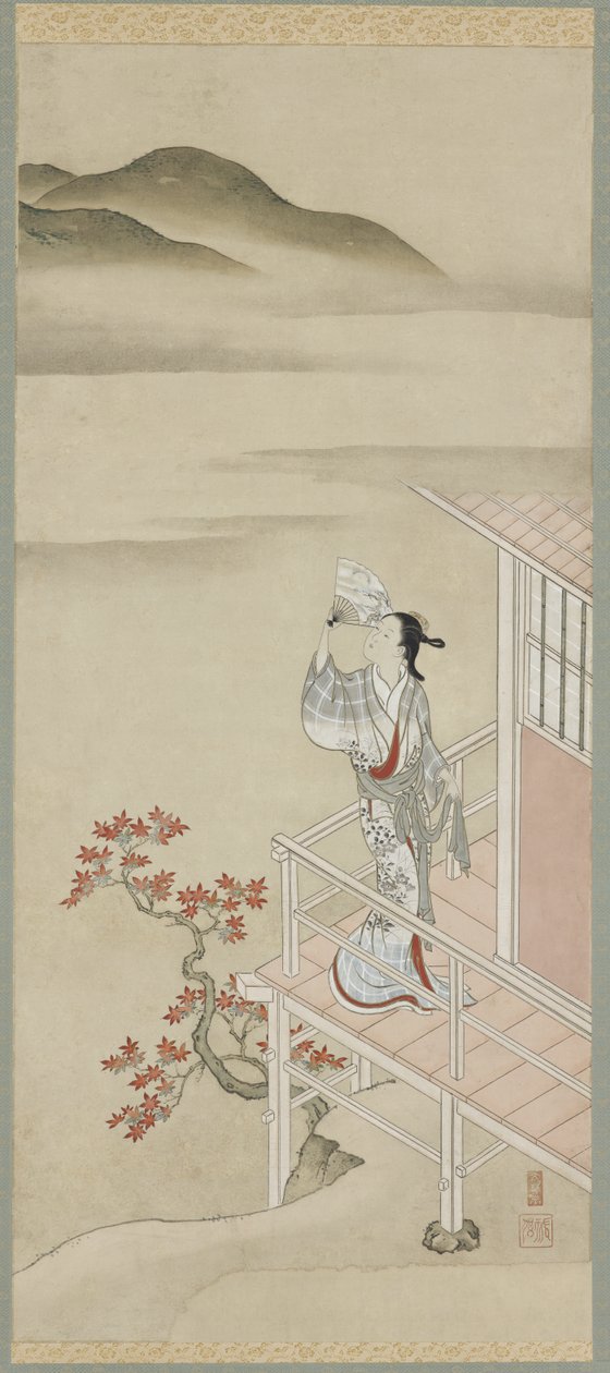 Verandada akçaağaç hayranı olan genç bir kadın, asılı parşömen, 17.-18. yüzyıl by Nishikawa Sukenobu