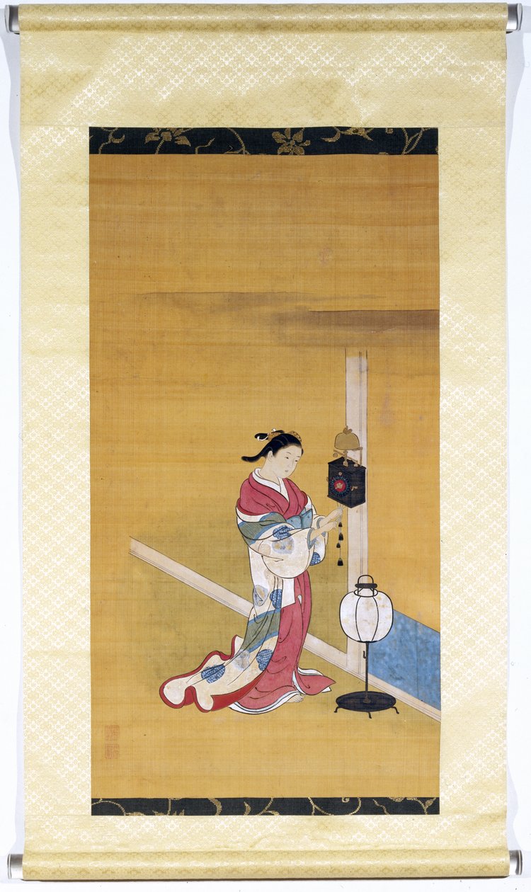 Duvar saatini kuran Japon kadın, Edo Dönemi (1600-1868) 1700-50 (boyalı ipek) by Nishikawa Sukenobu