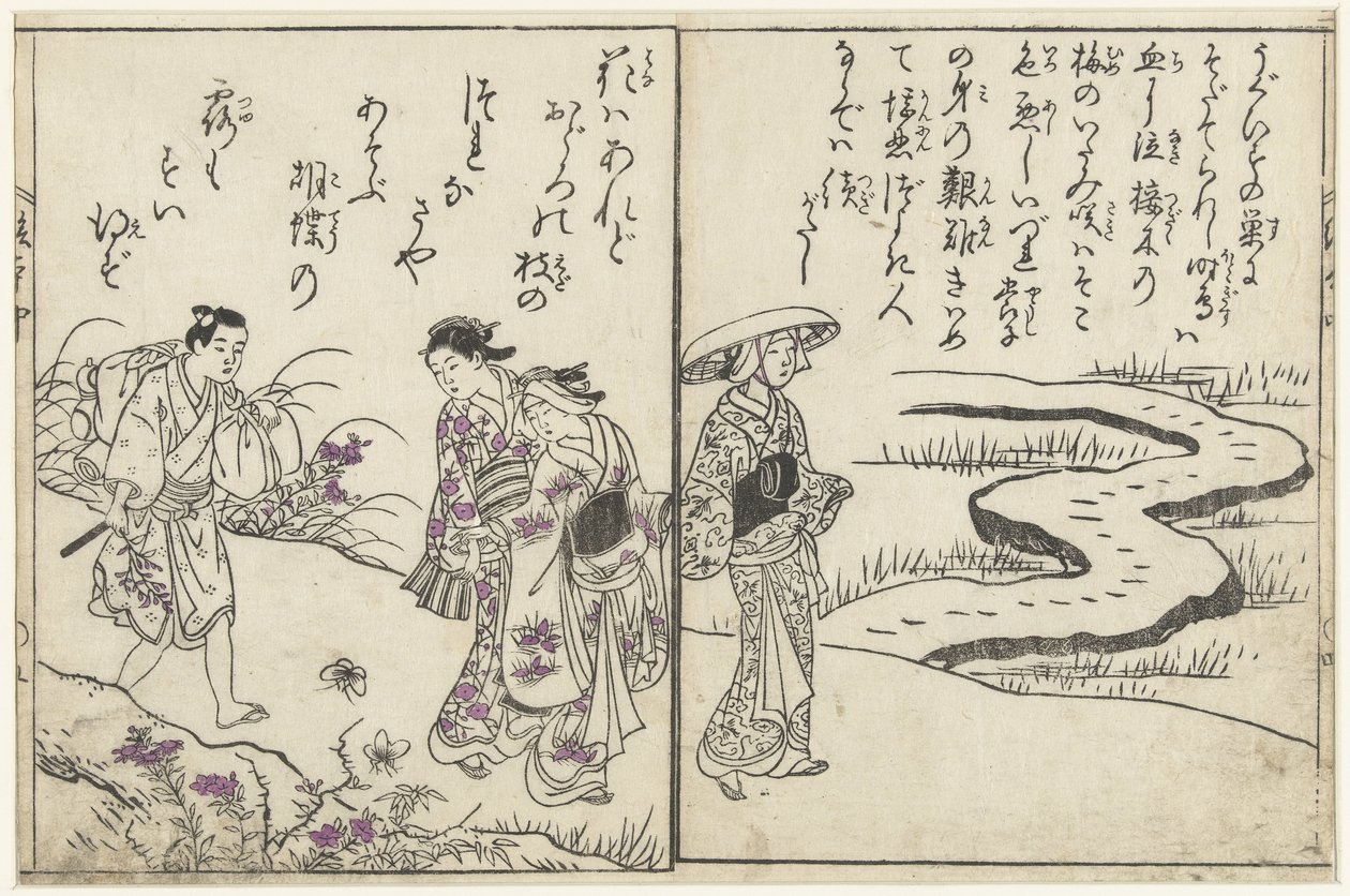 Çiçeklerle dolu bir manzarada yürüyüşçüler by Nishikawa Sukenobu (attributed to)