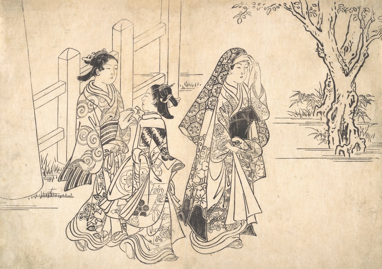İki Kız Görevli Tarafından Takip Edilen Bir Fahişe, ca. 1690-1751. by Nishikawa Sukenobu