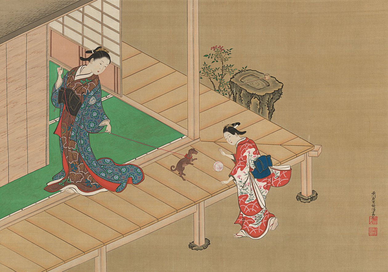 Nezaketçi ve Görevli Bir Köpekle Oynarken, ca. 1716-1736. by Nishikawa Sukenobu