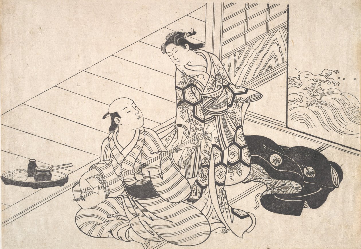 Shamisen oynayan sevgilisinin sözünü kesen bayan. by Nishikawa Sukenobu