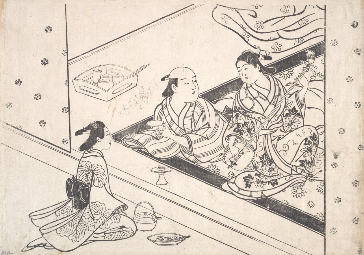Sevgilisi ve Yanında Görevlisi İle Shamisen Oynayan Bayan. by Nishikawa Sukenobu
