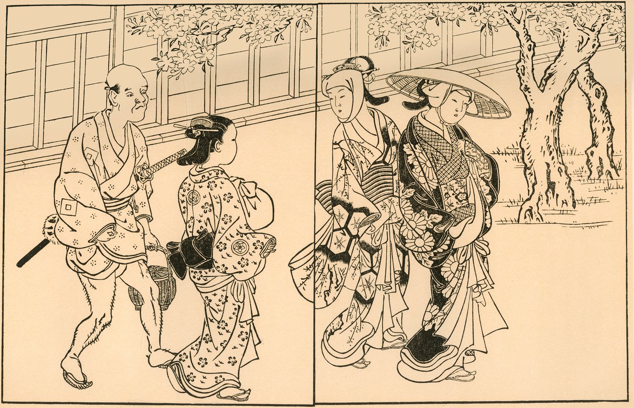 Üç kadın ve erkek hizmetçi, 1730, 1924. by Nishikawa Sukenobu