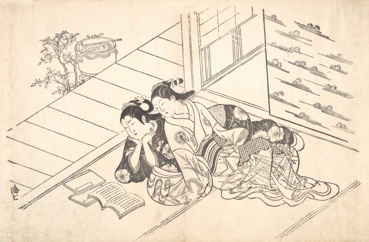 Bir Odanın Yerinde Yatan ve Kitap Okuyan İki Kadın, yak. 1730., yaklaşık 1730. by Nishikawa Sukenobu