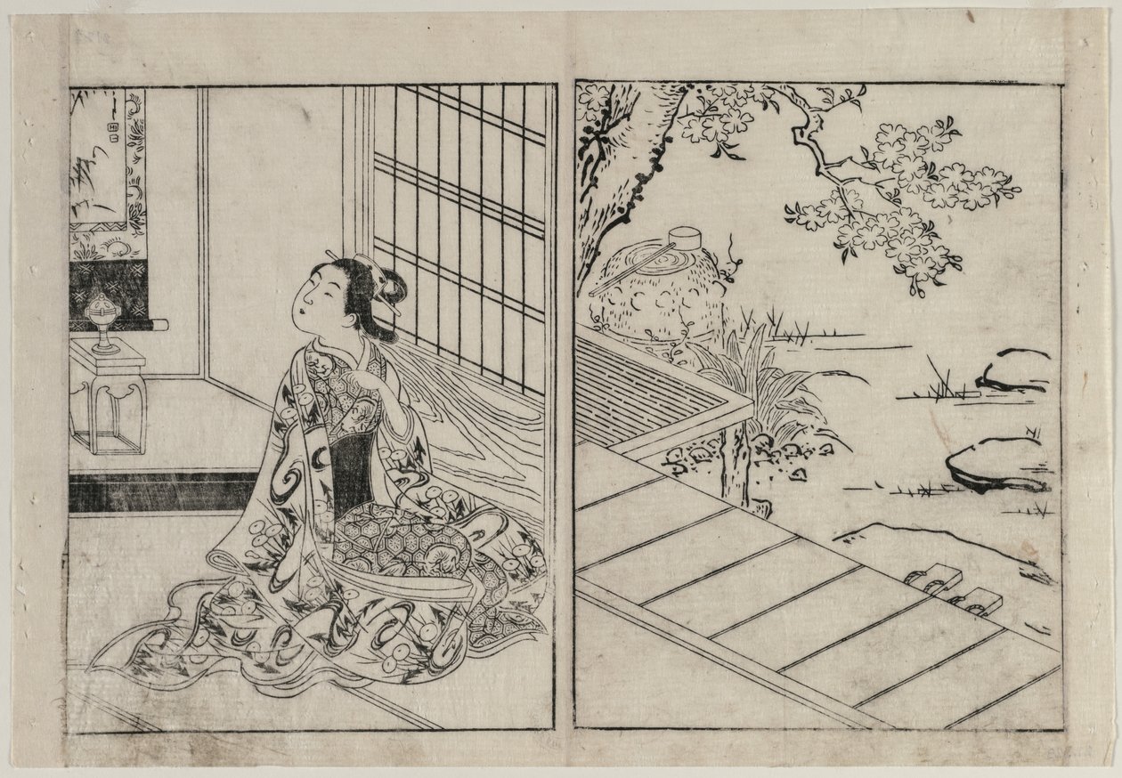 asılı bir parşömen arayan kadın by Nishikawa Sukenobu