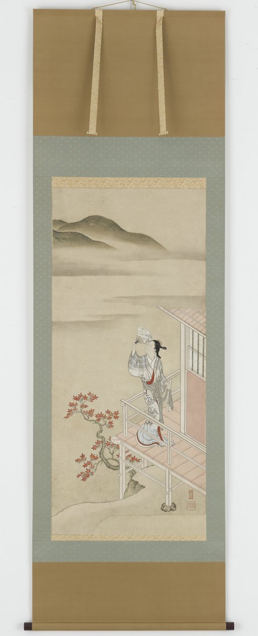 Akçaağaçlara hayran olan verandada yelpazeli genç bir kadın, asılı parşömen, 17.-18. yüzyıl (kağıt üzerinde mürekkep ve renk) by Nishikawa Sukenobu