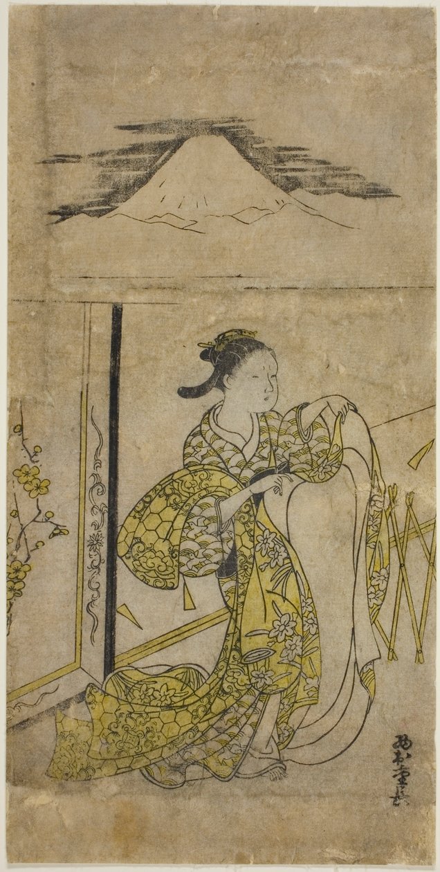 Yukarıda Fuji Dağı ile Kimono Tutan Kadın by Nishimura Shigenaga