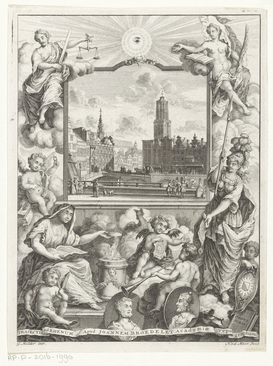 Stadsgezicht, Domkerk te Utrecht ile bir alegori ile bir araya geldi, Utrechtse stedenmaagd ile bir araya geldi Başlık sayfası: Elias de Vries, Dissertatio juridica de jure naturali ac gentium, seu duos prioribus juris continentur, 1745 by Noach van der Meer (I)