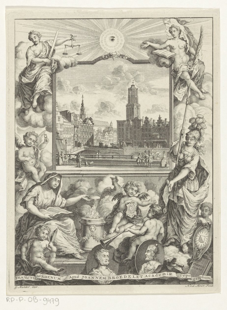 Stadsgezicht, Domkerk te Utrecht ile alegori ile bir araya geldi Utrechtse stedenmaagd ile bir araya geldi Başlık sayfası: Elias de Vries, Dissertatio juridica de jure naturali ac gentium, seu duos prioribus juris continentur, 1745 by Noach van der Meer (I)
