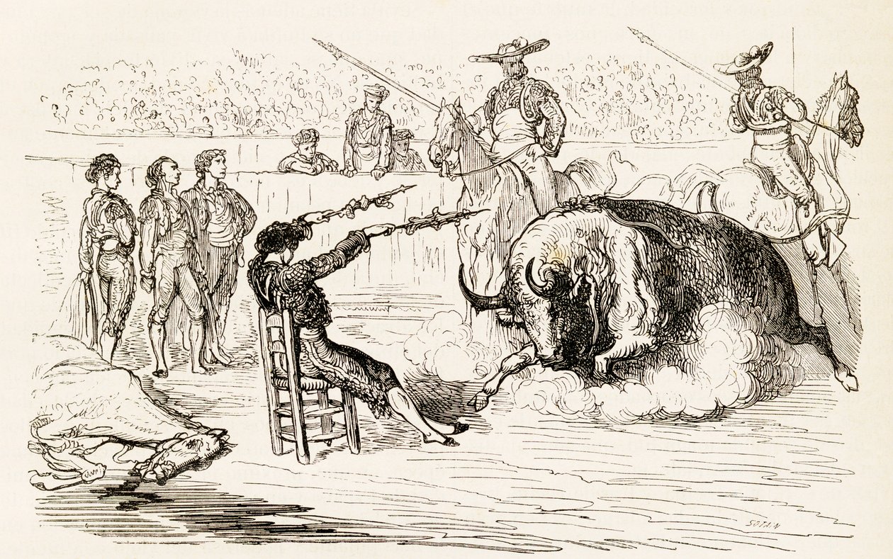 Bir İspanyol Banderillero, Banderillaları Sandalyede Otururken Yerleştiriyor, 1878 (ahşap gravür) by Noel Eugene Sotain