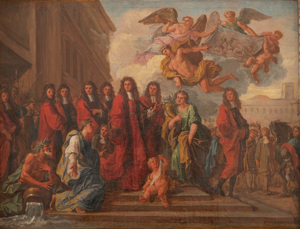 Paris belediye meclisi üyeleri, Seneffe#39;nin 1674#39;teki zaferinden sonra teşekkür etmek için Hotel de Ville#39;den Notre Dame#39;a gitmek üzere ayrılırlar, c.1681 (tuval üzerine yağlıboya) by Noël Coypel