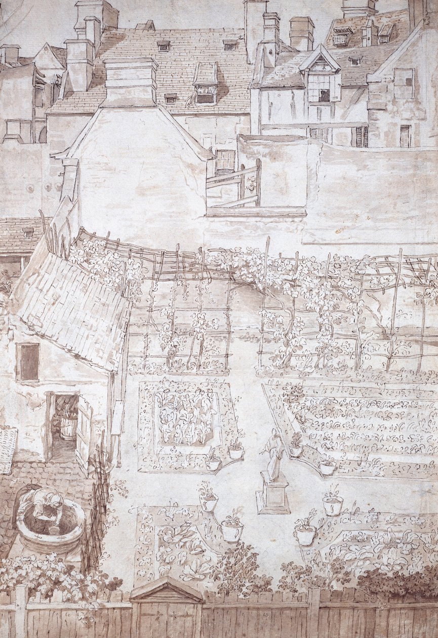 Bir şehir evinin bahçesi, parterler ve asma pergolalı, binalarla çevrili, c.1677 (kalem ve kahverengi mürekkepli kahverengi mürekkep) by Noel Gasselin