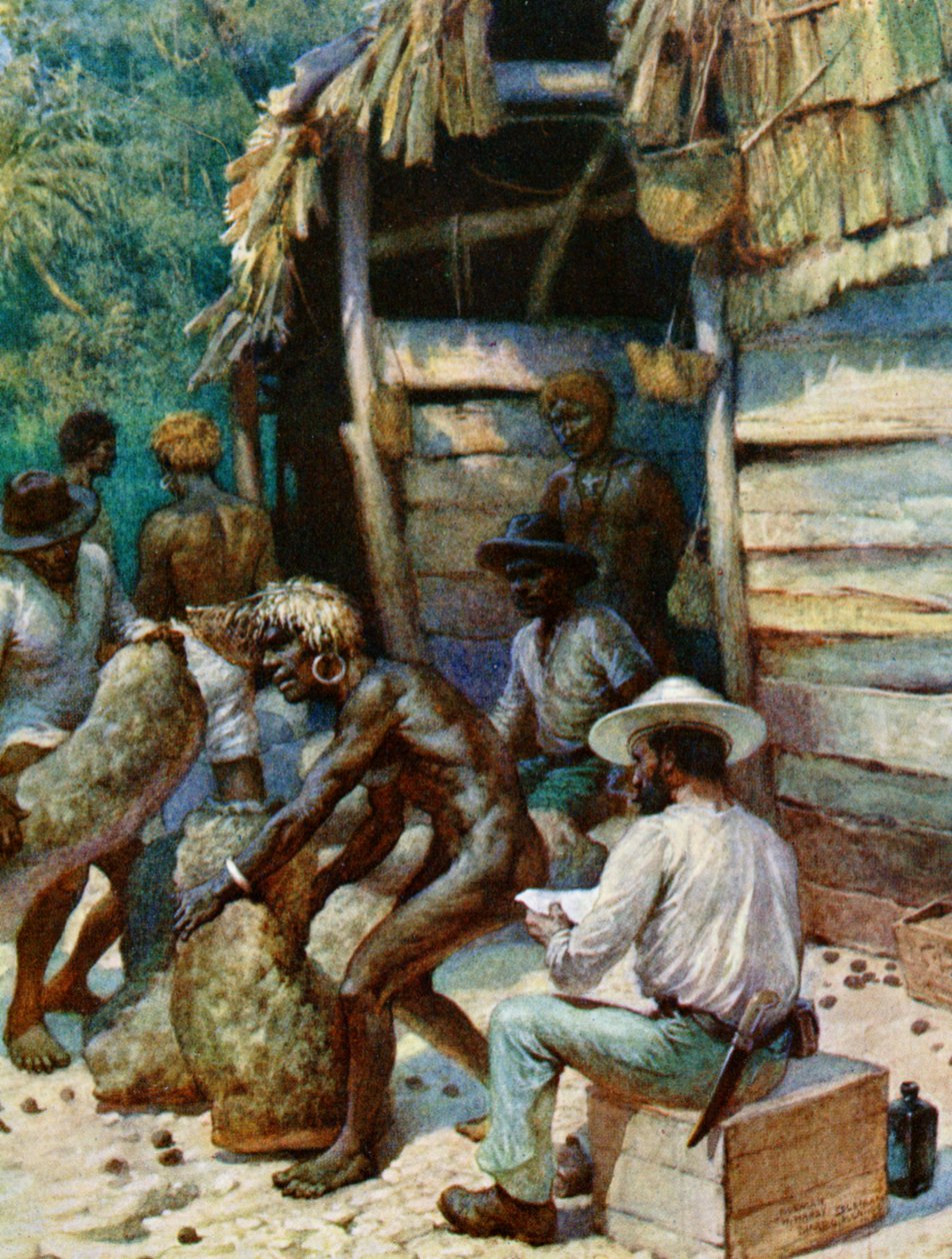 Bir Güney Denizi Adası tüccarı ve fildişi çuvalları, 1908 by Norman Hardy