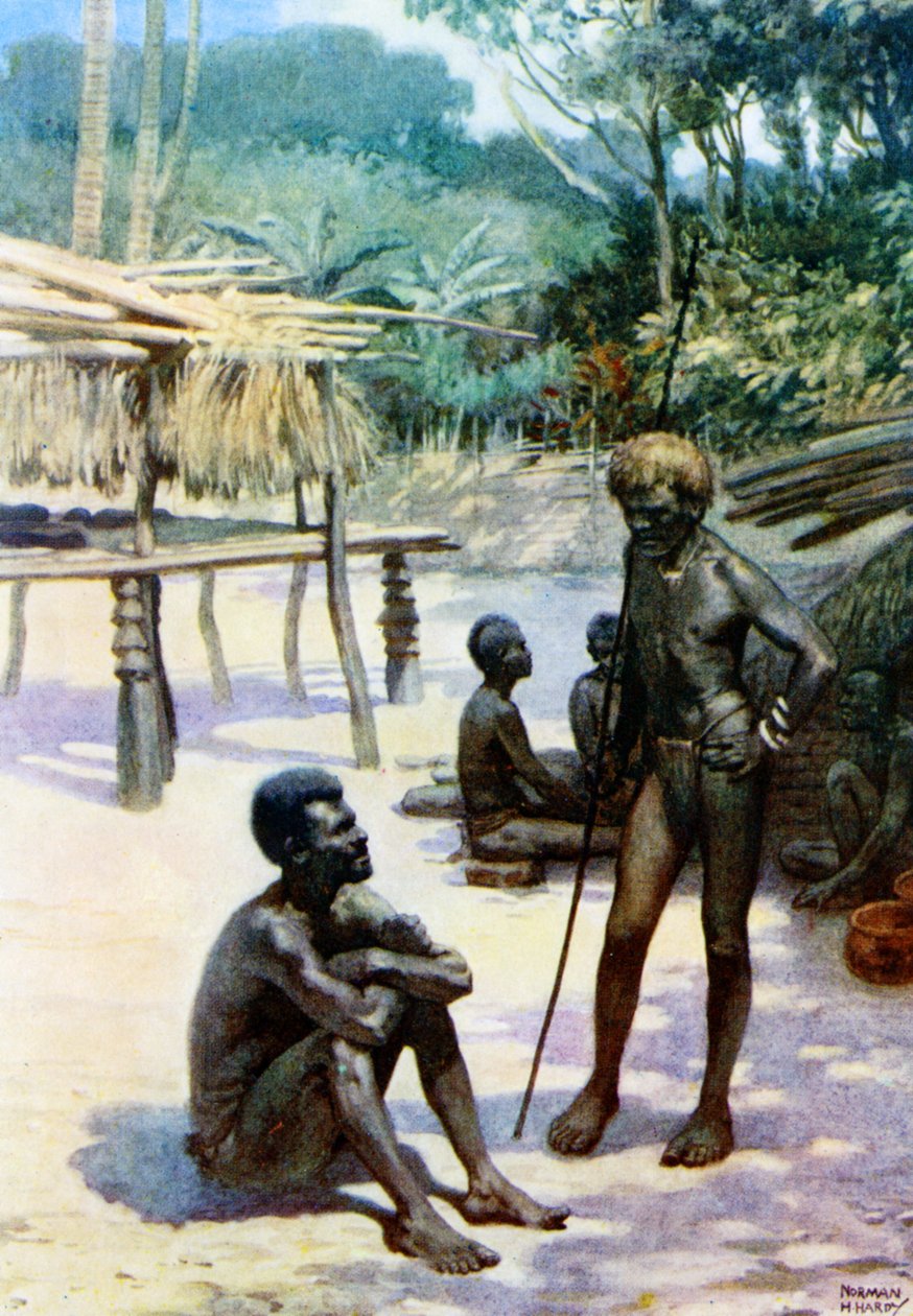 'Bir Yam kulübesi ve yerliler', Espiritu Santo, Yeni Hebridler, 1908 by Norman Hardy
