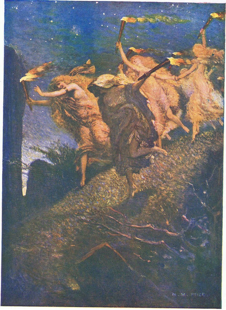 İlk Walpurgis Gecesi: "Karanlığın içinden ilerle ve takip et, Her kayalık çukurun içine ve dışına" (renkli lito) by Norman Mills Price