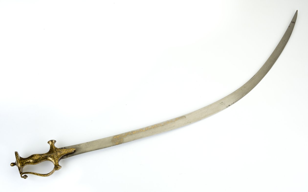 Panjabi tipi Hint-Müslüman kabzalı Talwar Saber, bıçak muhtemelen 18. yüzyıl, kabza 19. yüzyıl (çelik, paslanmış demir, altın sahte şam) by North Indian School