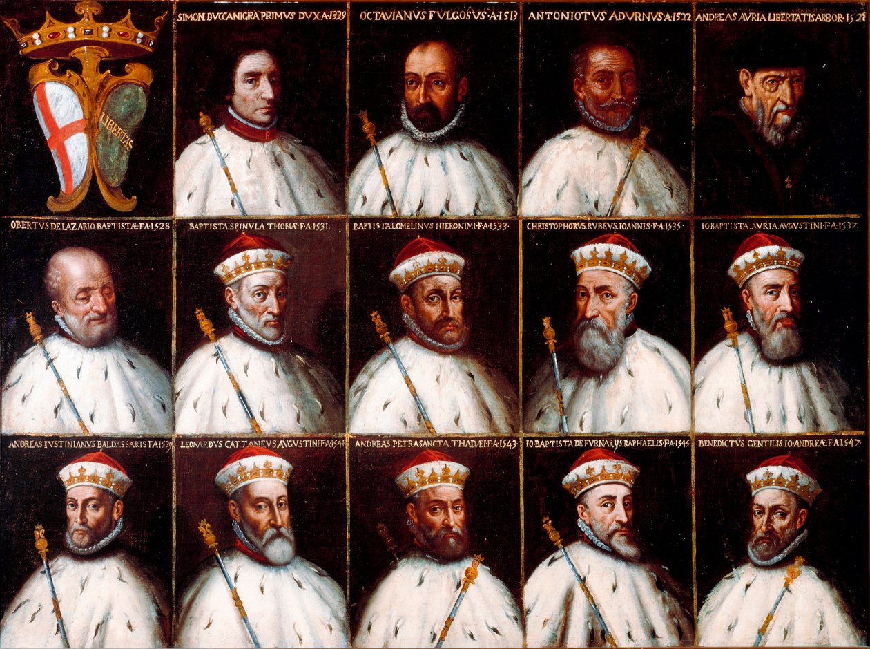 Genler Cumhuriyeti arması ve Doges portreleri - Simone Boccanegra, Ottaviano Fregoso ve Antoniotto II Adorno; Andrea Doria. Oberto Cattaneo Lazzari, Battista Spinola, Battista Lomellini, Cristoforo Grilaldi Rosso, Giovanni Battista Doria by Northern Italian School