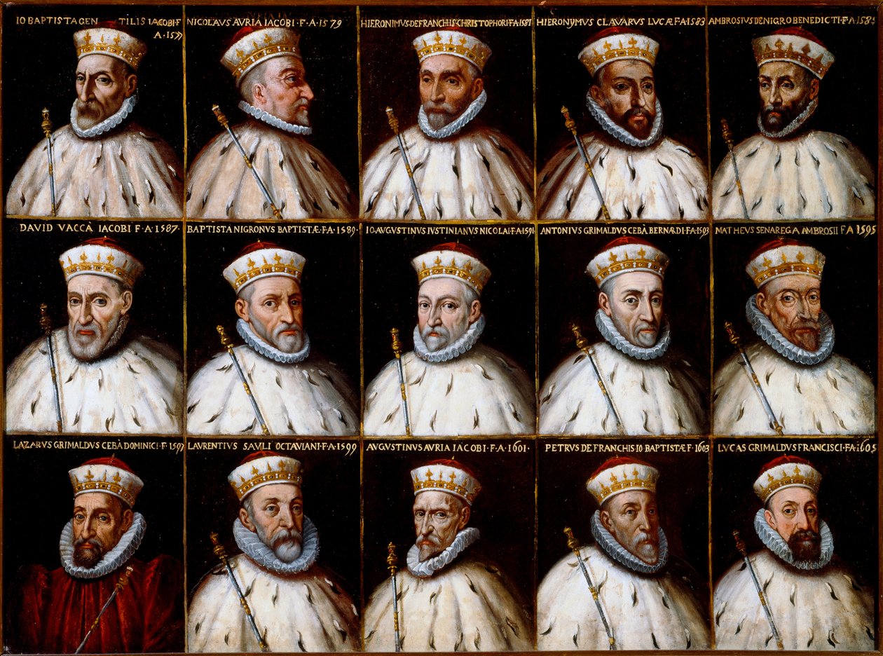 Genler Cumhuriyeti arması ve Doges portreleri. Gio. Battista Gentile Pignolo, Nicolò Doria, Gerolamo De Franchi Toso, Gerolamo Chiavari, Ambrogio Di Negro, Davide Vacca (veya Vaccari), Battista Negrone, Gio Giustiniani Campi, Antonio Grimal by Northern Italian School